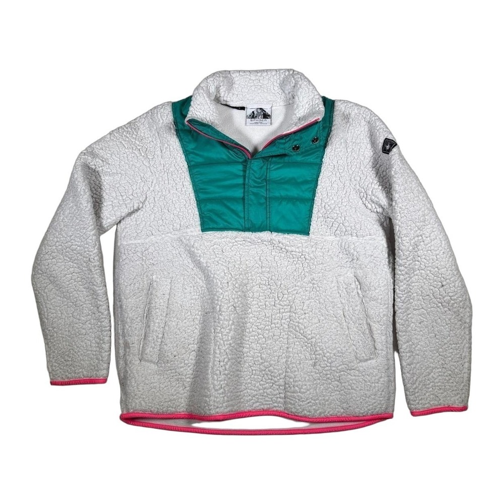 Spyder Fleece Pullover Jacket‎ Teal Pink Trim Sherpa Teddy Coat Size M Womens